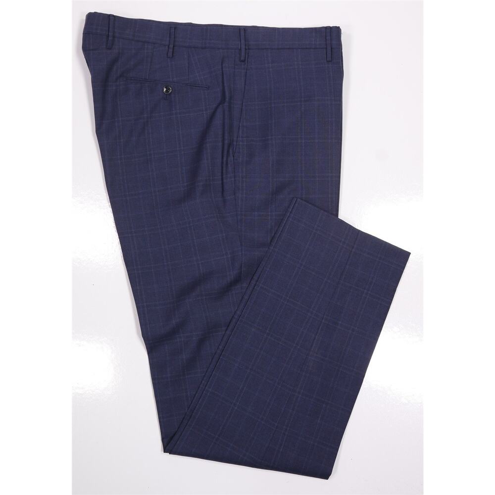 Incotex Navy Blue Windowpane Plaid Flat Front 100's Wool Dress Pants 40x34